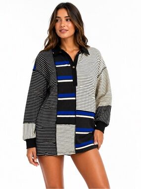 Boutique “oh” Patchwork Stripe Tunic Top XL Blue Black Mixed Print Shirt NWT